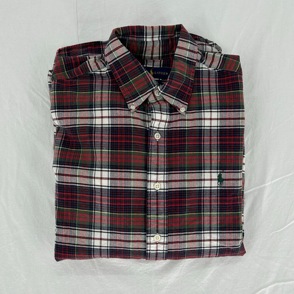 Ralph Lauren Mens Medium Shirt Green Red Tartan Plaid Button Up Long Sleeve Pony